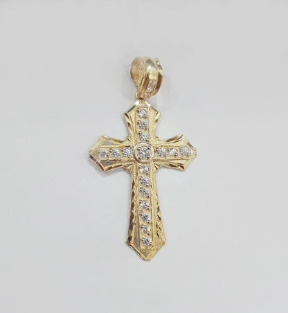 Real 14k Yellow Gold Diamond Cut Cross Charm Pendant 2" - GoldenlinQ