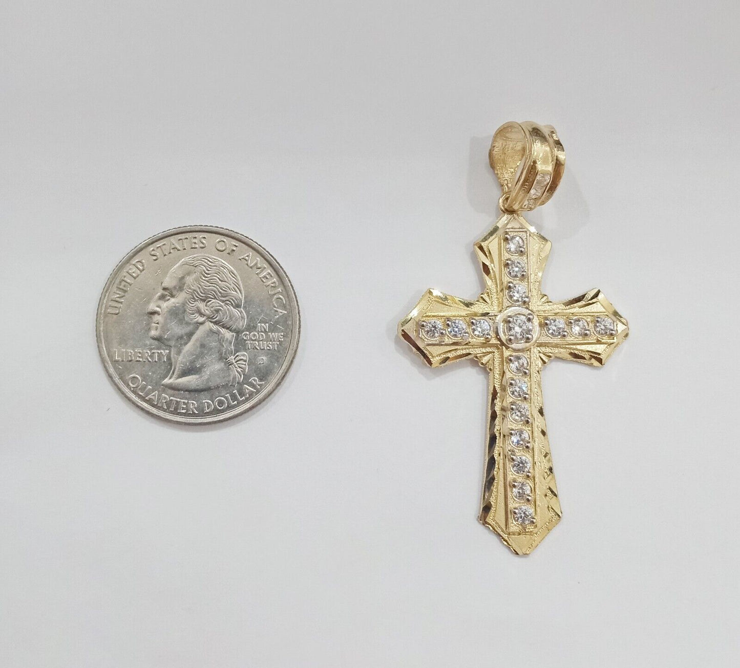 Real 14k Yellow Gold Diamond Cut Cross Charm Pendant 2" - GoldenlinQ