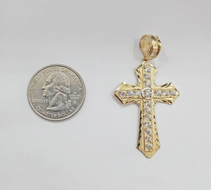 Real 14k Yellow Gold Diamond Cut Cross Charm Pendant 2" - GoldenlinQ