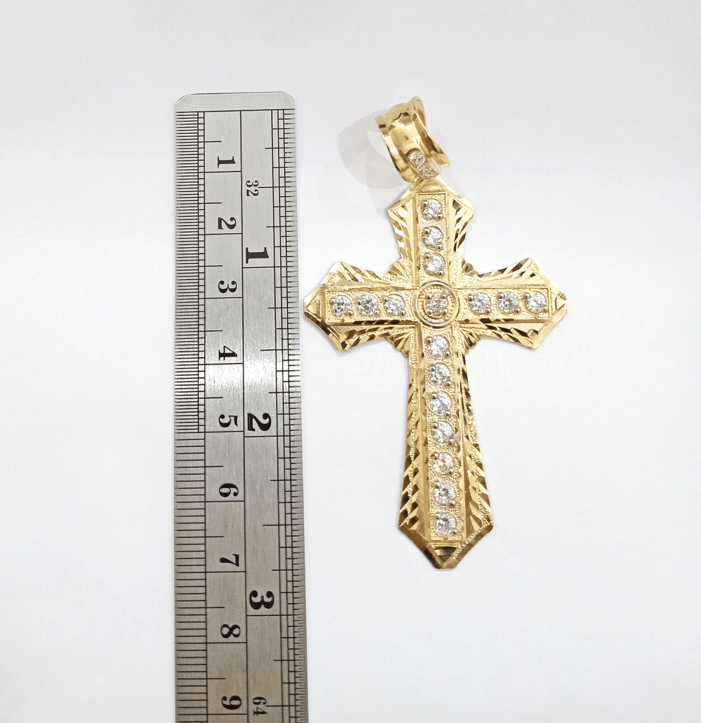 Real 14k Yellow Gold Diamond Cut Cross Charm Pendant For Mens 14kt Cross, New - Reva Jeweler
