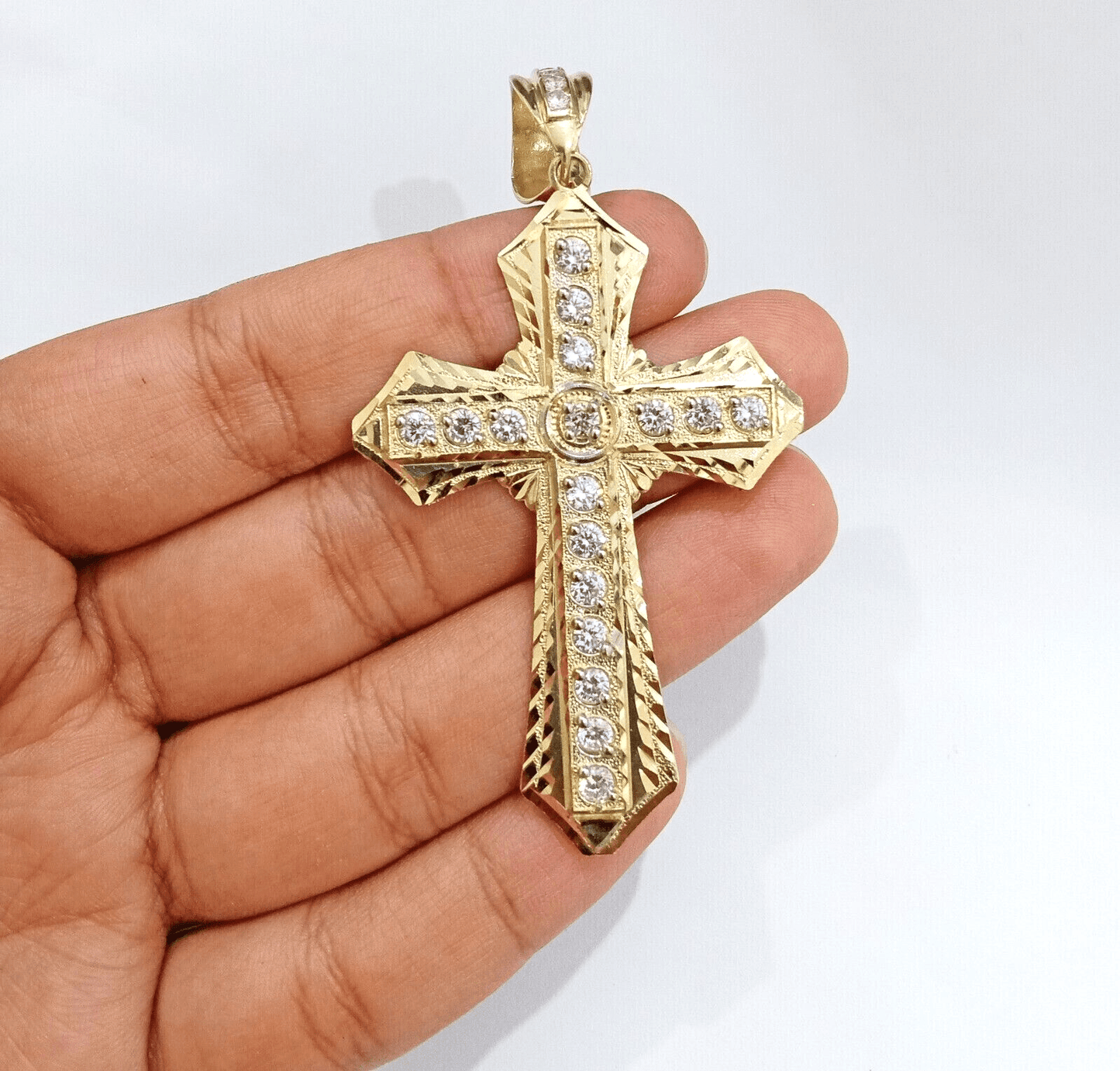 Real 14k Yellow Gold Diamond Cut Cross Charm Pendant For Mens 14kt Cross, New - Reva Jeweler