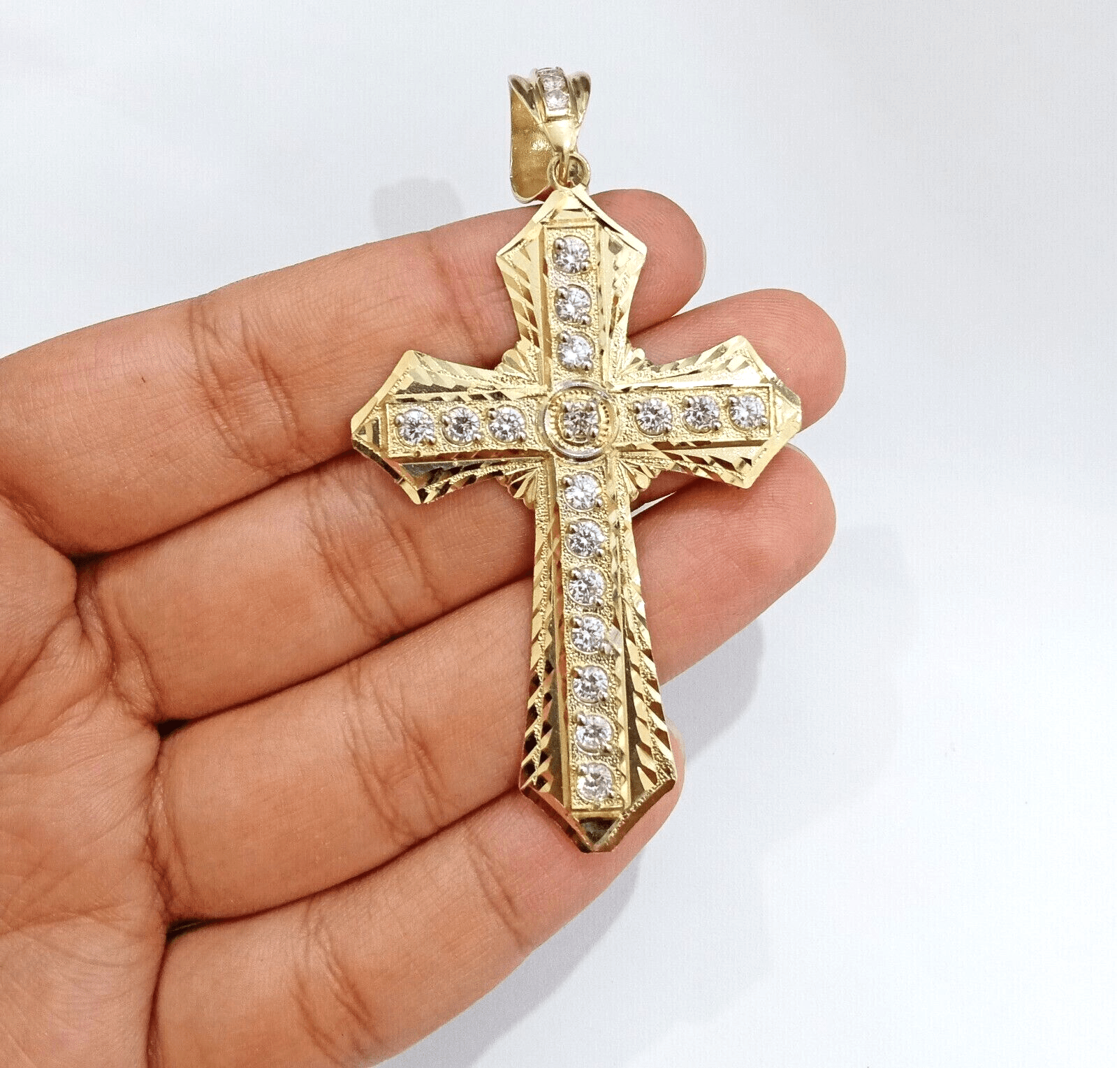 Real 14k Yellow Gold Diamond Cut Cross Charm Pendant For Mens 14kt Cross, New - Reva Jeweler
