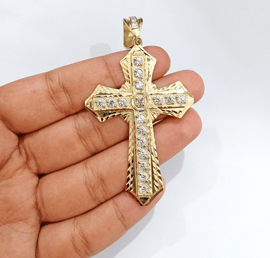 Real 14k Yellow Gold Diamond Cut Cross Charm Pendant For Mens 14kt Cross, New - Reva Jeweler