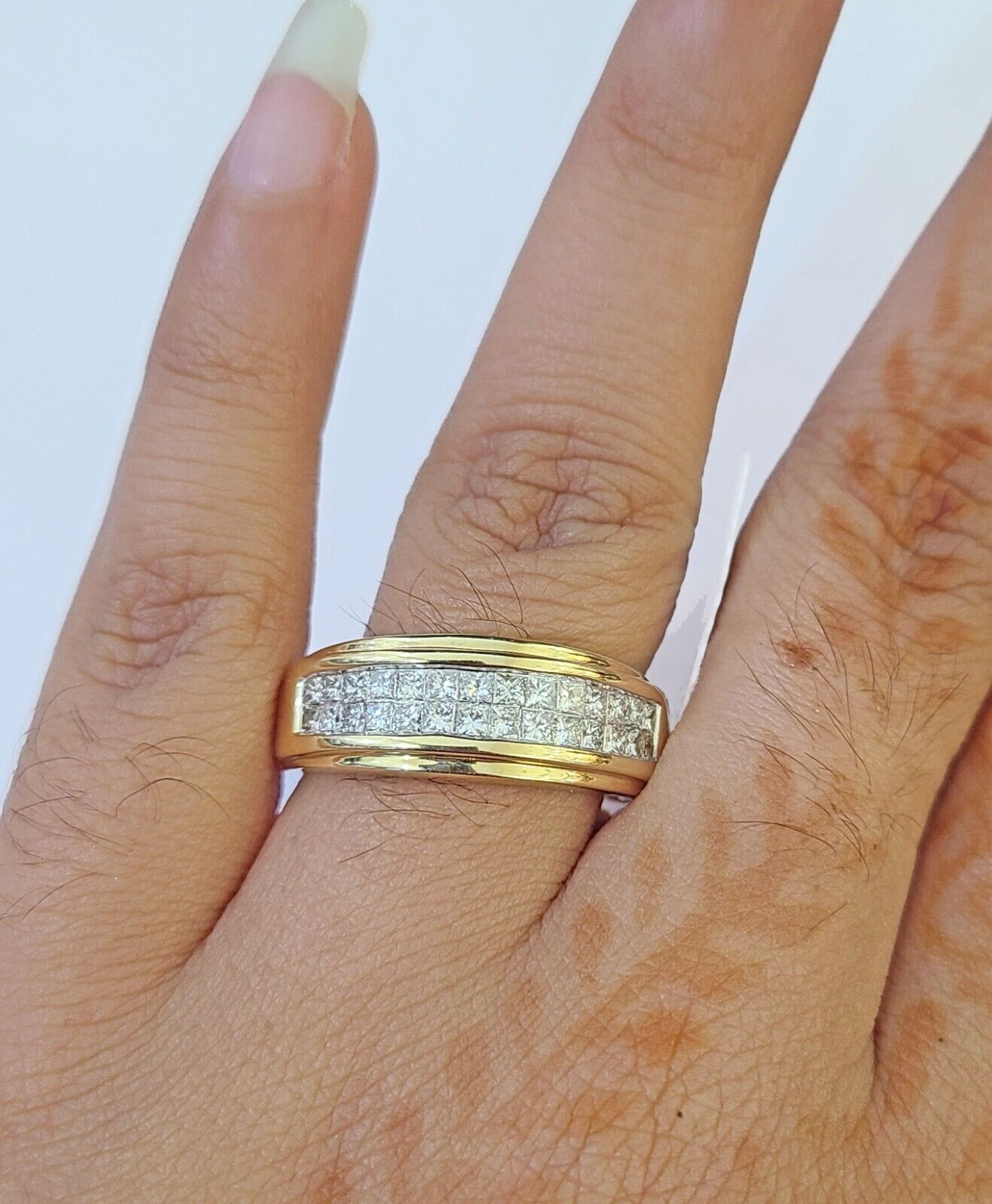 Real 14k Yellow Gold Diamond Mens Ring Two Row Band Wedding Genuine Natural - Reva Jeweler