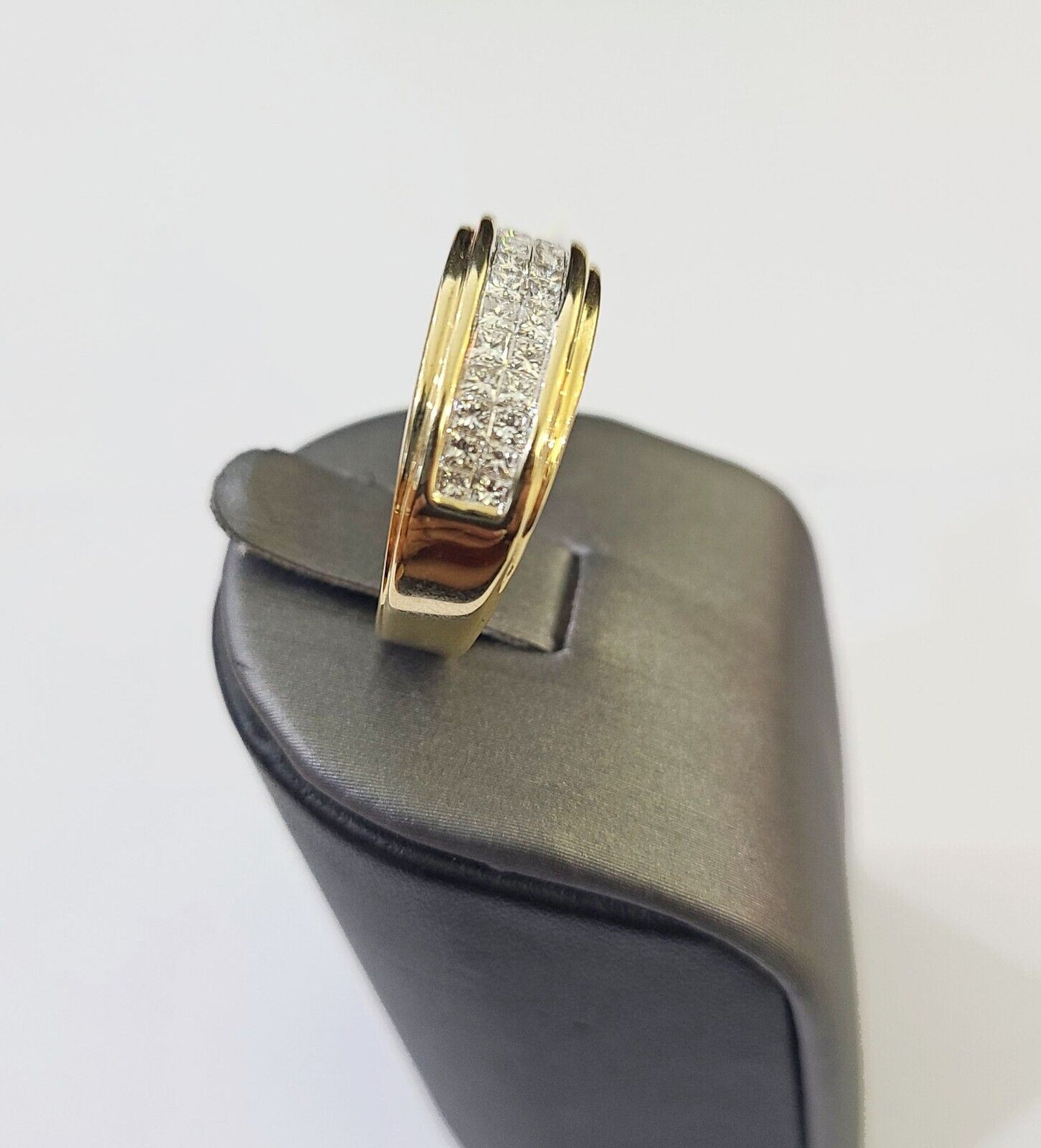 Real 14k Yellow Gold Diamond Mens Ring Two Row Band Wedding Genuine Natural - Reva Jeweler