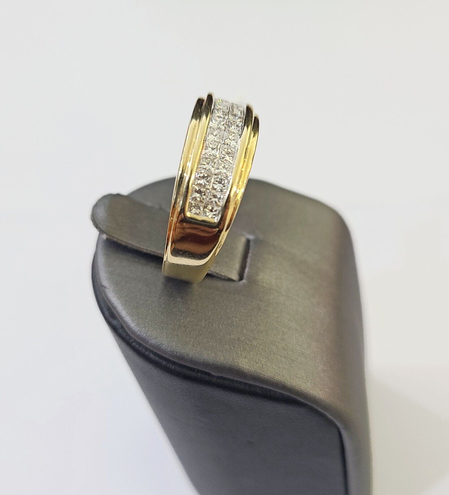 Real 14k Yellow Gold Diamond Mens Ring Two Row Band Wedding Genuine Natural - Reva Jeweler