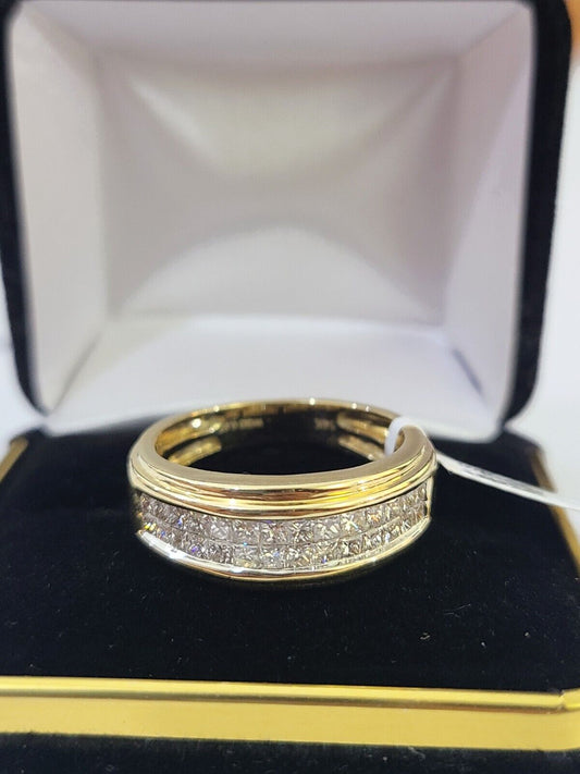 Real 14k Yellow Gold Diamond Mens Ring Two Row Band Wedding Genuine Natural - Reva Jeweler
