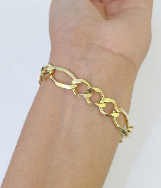 Real 14k Yellow Gold Figaro link Bracelet 9mm 8" Inch Men women Diamond Cut - Reva Jeweler