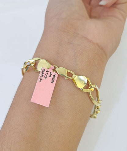 Real 14k Yellow Gold Figaro link Bracelet 9mm 8" Inch Men women Diamond Cut - Reva Jeweler