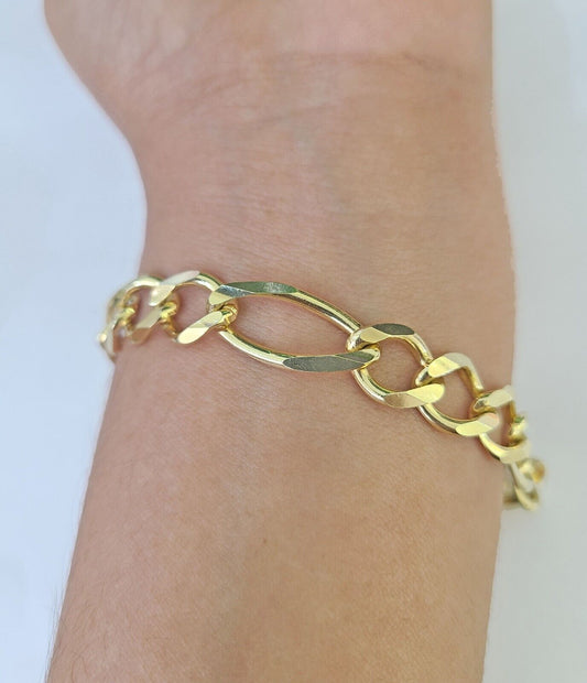 Real 14k Yellow Gold Figaro link Bracelet 9mm 8" Inch Men women Genuine - GoldenlinQ