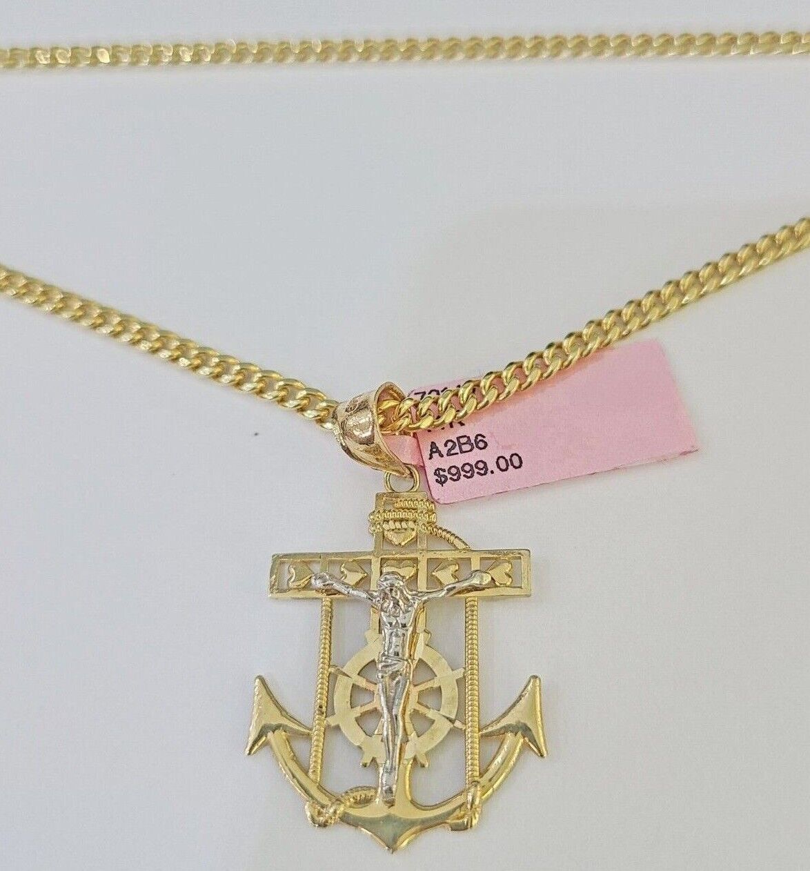 Real 14k Yellow Gold Jesus Anchor Charm Pendant &Miami Cuban Link Chain Necklace - Reva Jeweler
