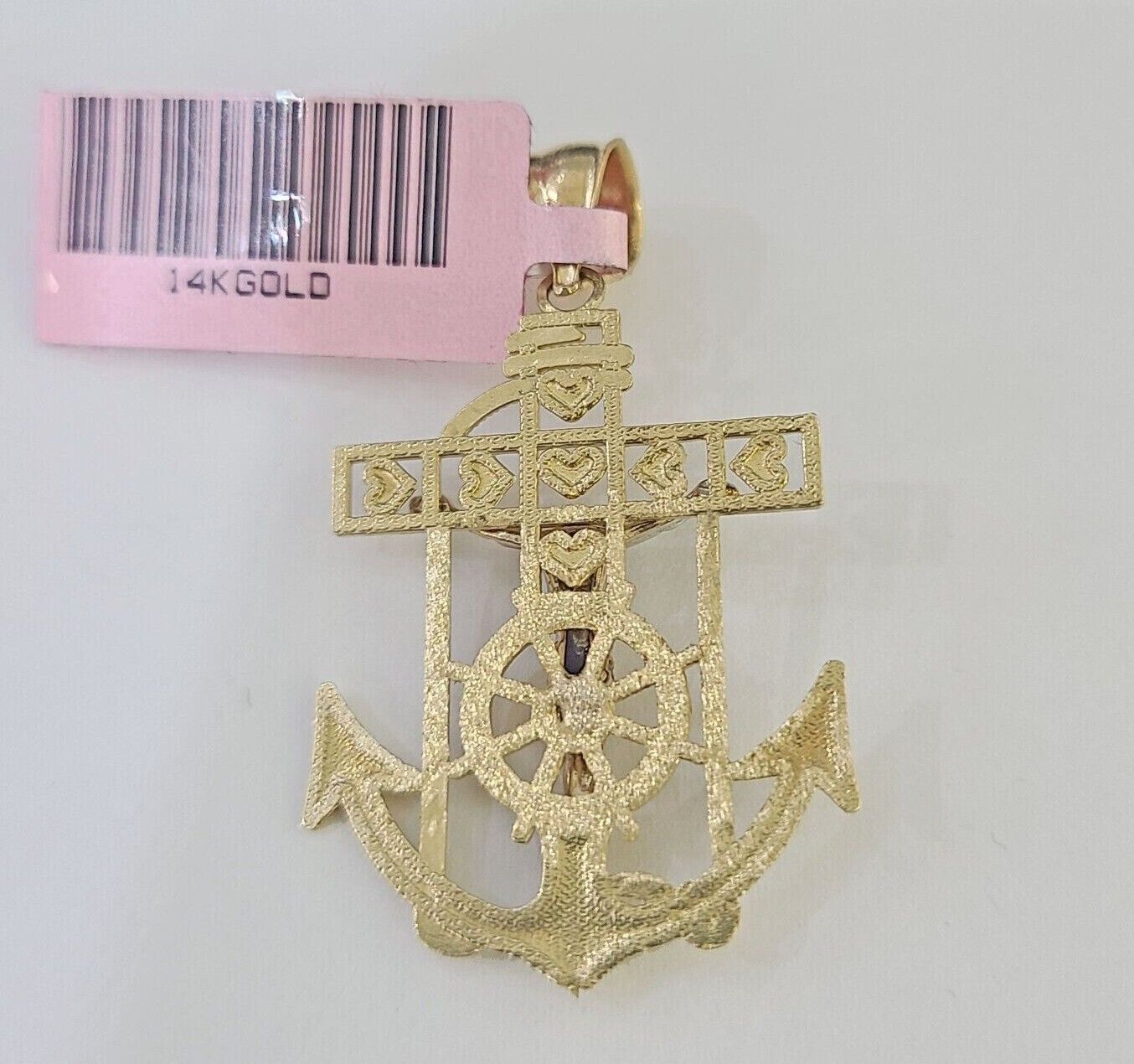 Real 14k Yellow Gold Jesus Anchor Charm Pendant &Miami Cuban Link Chain Necklace - Reva Jeweler