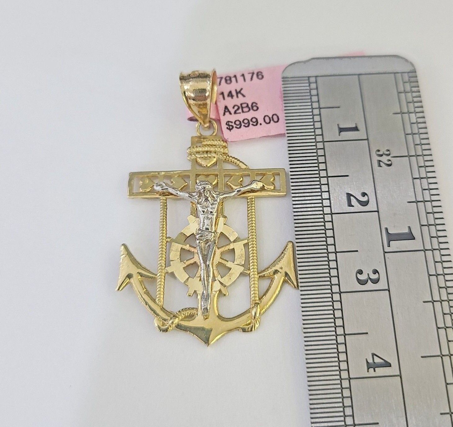 Real 14k Yellow Gold Jesus Anchor Charm Pendant &Miami Cuban Link Chain Necklace - Reva Jeweler