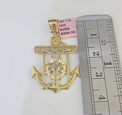 Real 14k Yellow Gold Jesus Anchor Charm Pendant &Miami Cuban Link Chain Necklace - Reva Jeweler