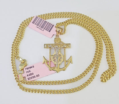 Real 14k Yellow Gold Jesus Anchor Charm Pendant &Miami Cuban Link Chain Necklace - Reva Jeweler