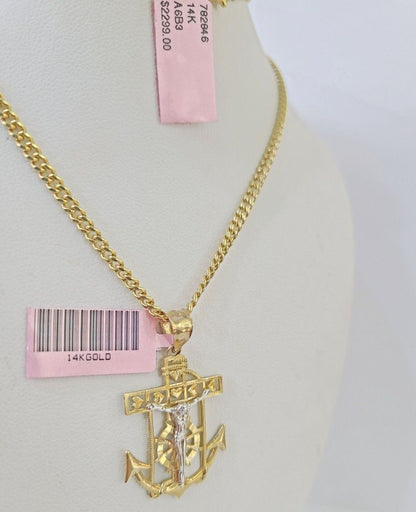 Real 14k Yellow Gold Jesus Anchor Charm Pendant &Miami Cuban Link Chain Necklace - Reva Jeweler