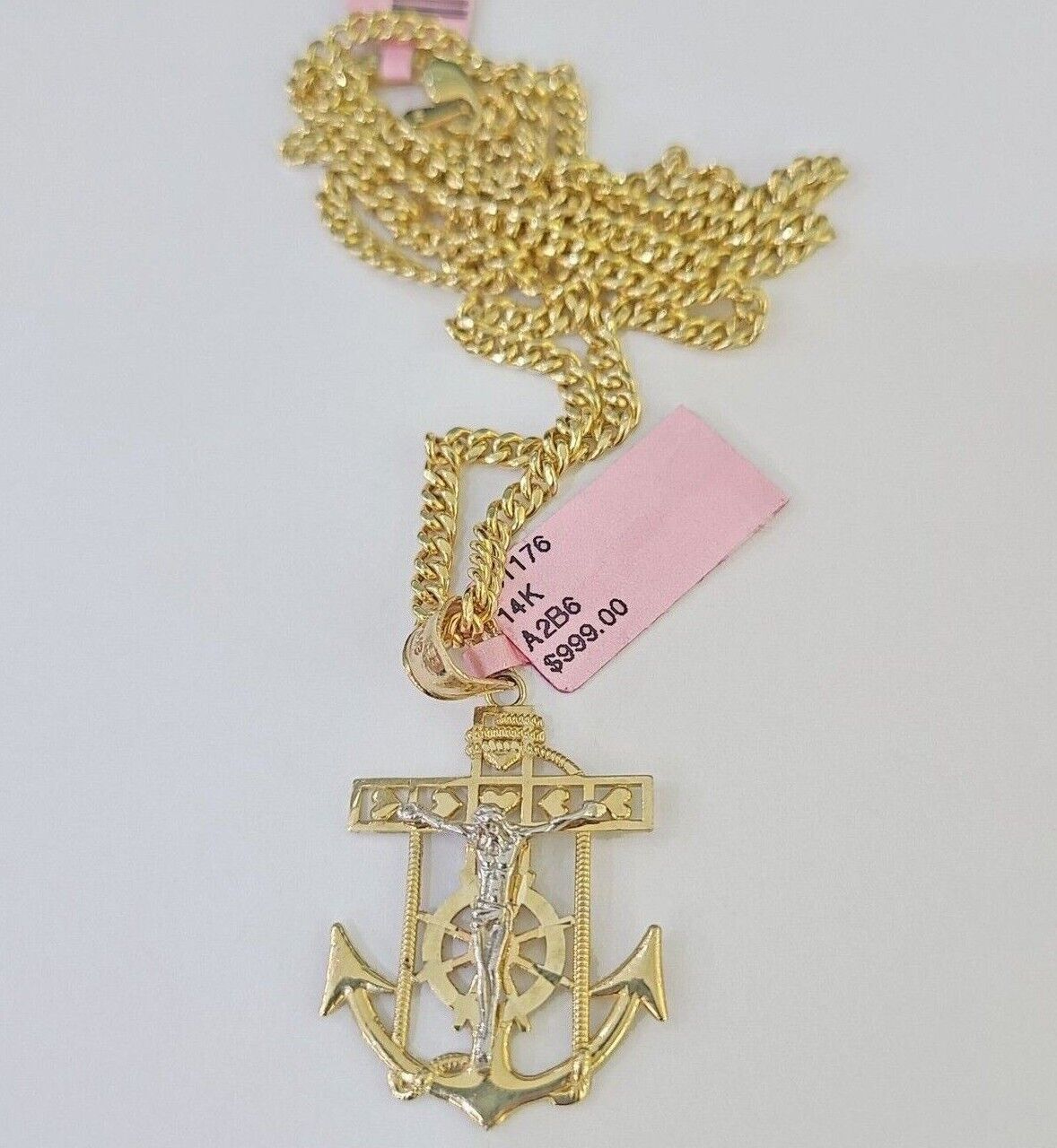 Real 14k Yellow Gold Jesus Anchor Charm Pendant &Miami Cuban Link Chain Necklace - Reva Jeweler
