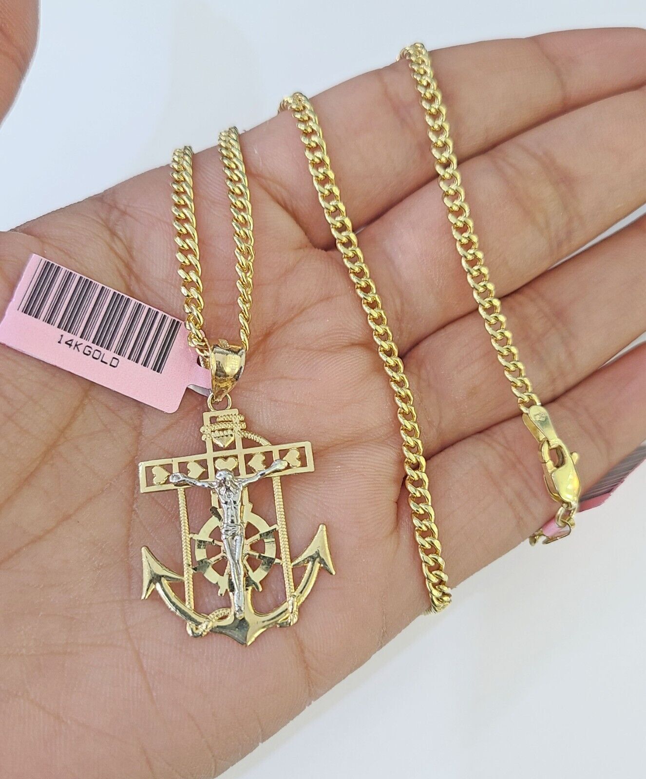 Real 14k Yellow Gold Jesus Anchor Charm Pendant &Miami Cuban Link Chain Necklace - Reva Jeweler