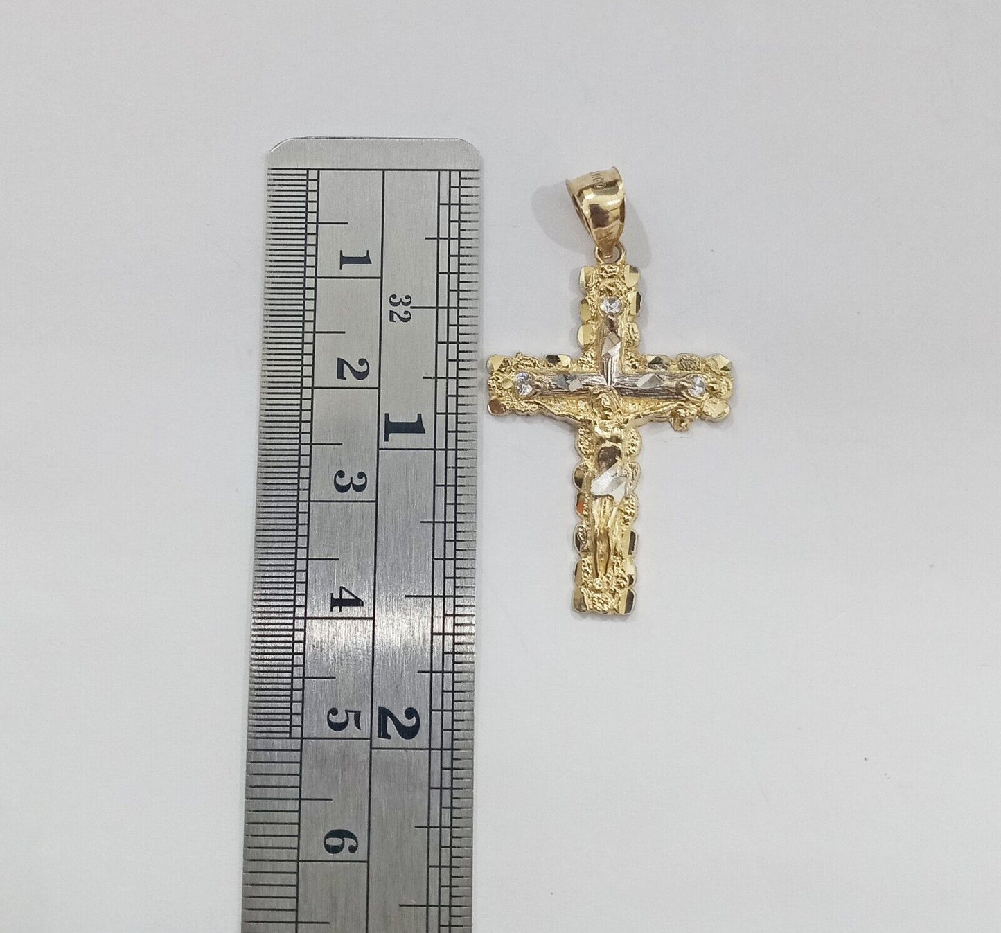 Real 14k Yellow Gold Jesus Crucifix Nugget Cross Charm Pendant 1.5" inch - GoldenlinQ