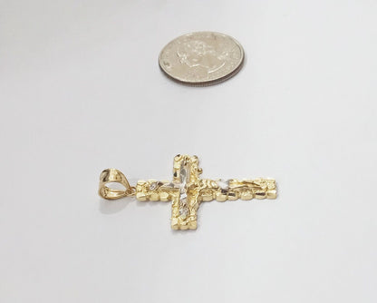 Real 14k Yellow Gold Jesus Crucifix Nugget Cross Charm Pendant 1.5" inch - GoldenlinQ
