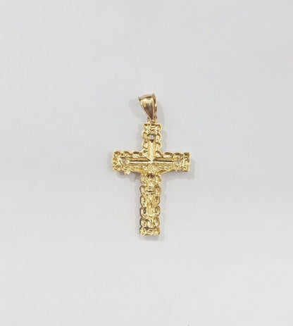 Real 14k Yellow Gold Jesus Crucifix Nugget Cross Charm Pendant 1.5" inch - GoldenlinQ
