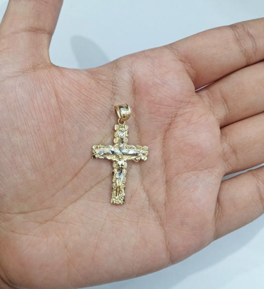 Real 14k Yellow Gold Jesus Crucifix Nugget Cross Charm Pendant 1.5" inch - GoldenlinQ