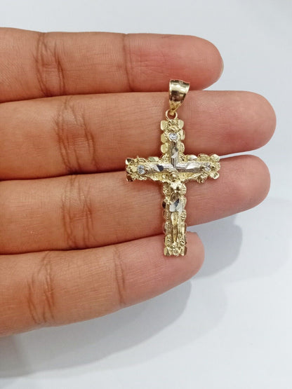 Real 14k Yellow Gold Jesus Crucifix Nugget Cross Charm Pendant 1.5" inch - GoldenlinQ