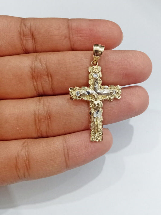 Real 14k Yellow Gold Jesus Crucifix Nugget Cross Charm Pendant 1.5" inch - GoldenlinQ