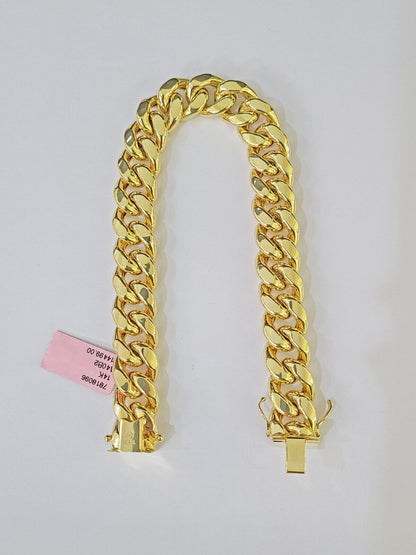 Real 14K Yellow Gold Miami Cuban Bracelet Box Clasp 9" Inch 13mm Link - Reva Jeweler