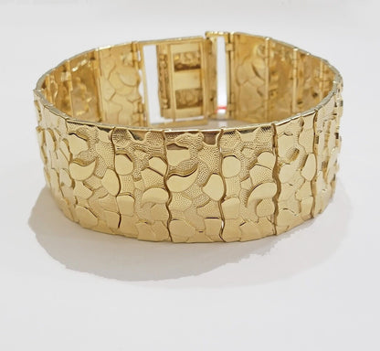 Real 14k Yellow Gold Nugget Bracelet 10 Inch Long 30mm Thick Genuine 14 KT Solid - Reva Jeweler