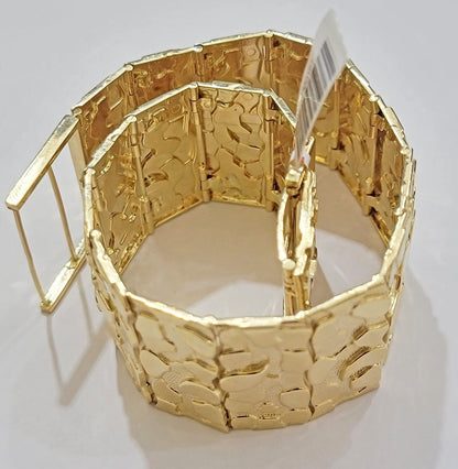 Real 14k Yellow Gold Nugget Bracelet 10 Inch Long 30mm Thick Genuine 14 KT Solid - Reva Jeweler