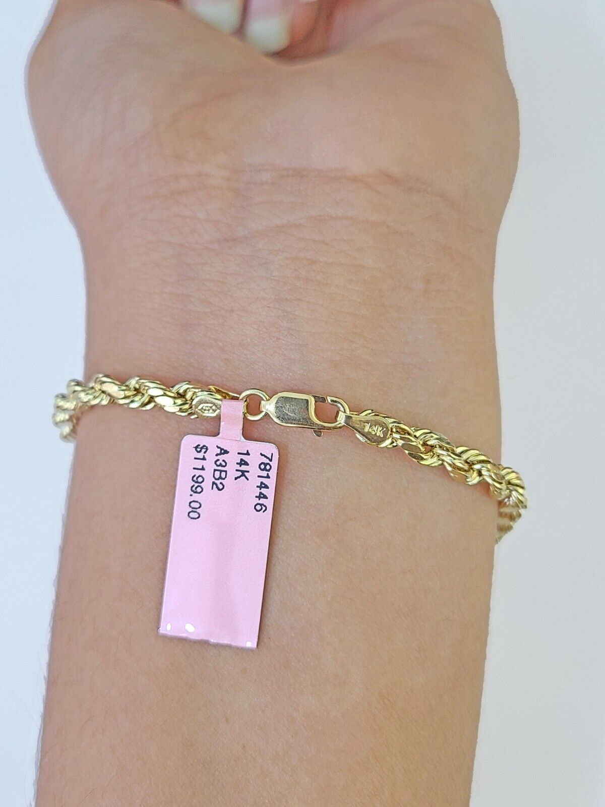 Real 14k Yellow Gold Rope Bracelet 3mm 8 Inch Men women diamond Cut - Reva Jeweler