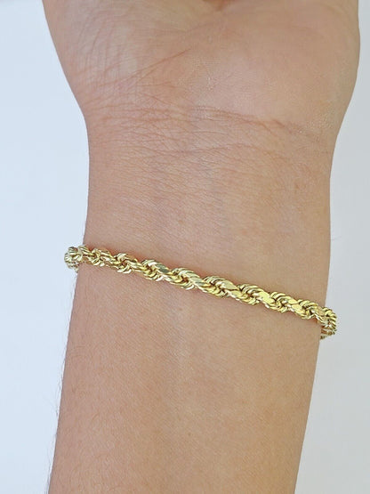 Real 14k Yellow Gold Rope Bracelet 3mm 8 Inch Men women diamond Cut - Reva Jeweler