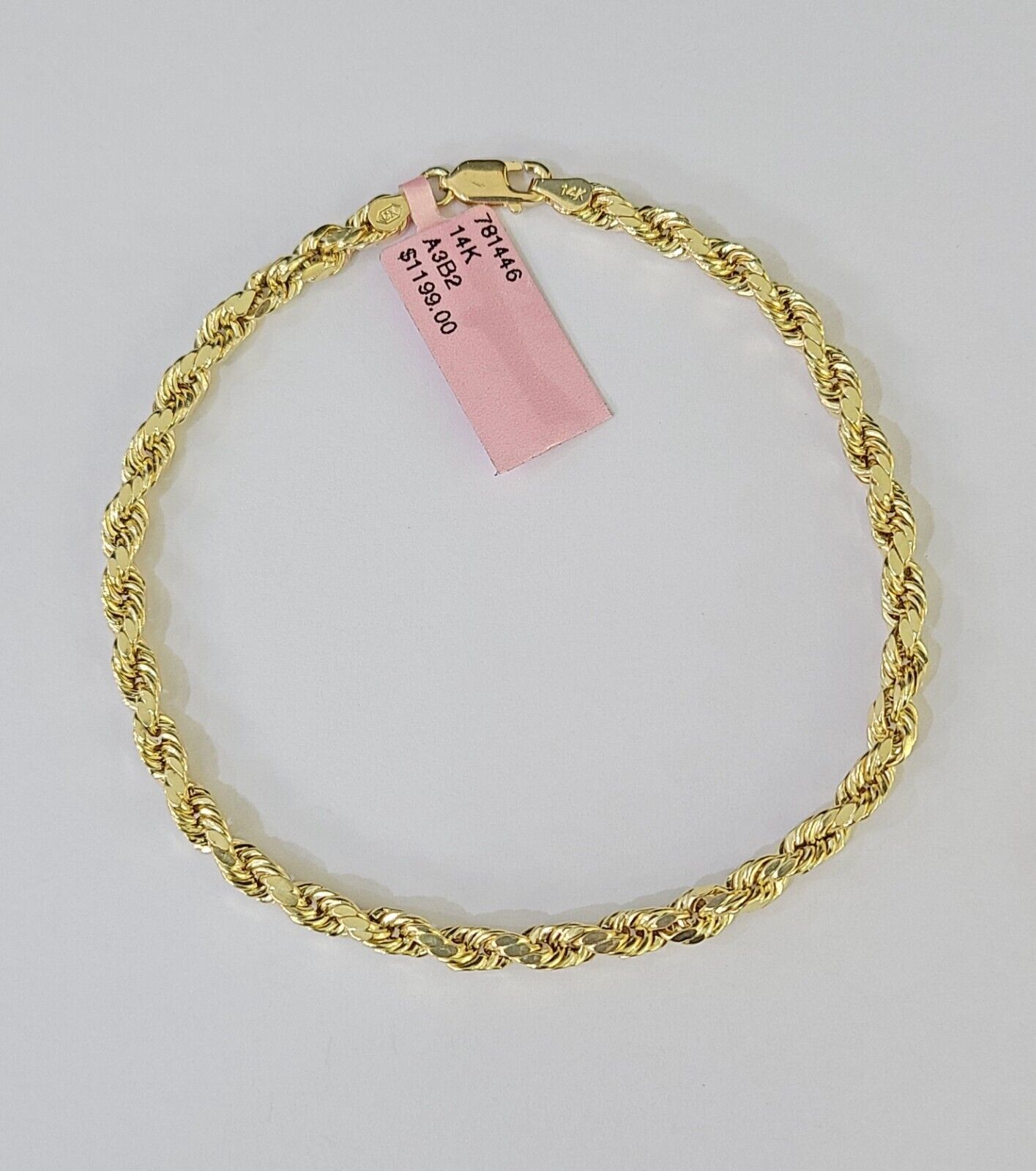 Real 14k Yellow Gold Rope Bracelet 3mm 8 Inch Men women diamond Cut - Reva Jeweler