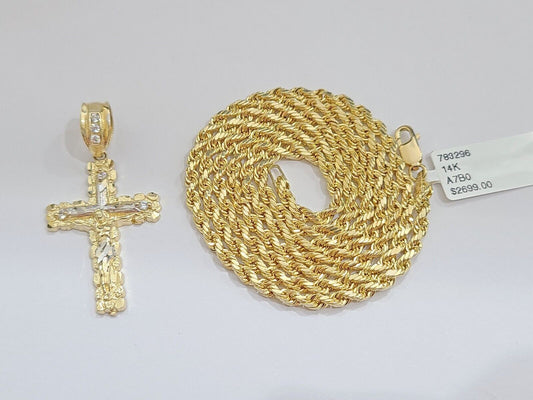 Real 14k Yellow Gold Rope Chain 24'' Necklace Jesus Crucifix Cross Charm Pendant - GoldenlinQ