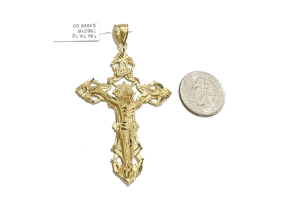Real 14k Yellow Gold Rope Chain 24'' Necklace Jesus Crucifix Cross Charm Pendant - GoldenlinQ