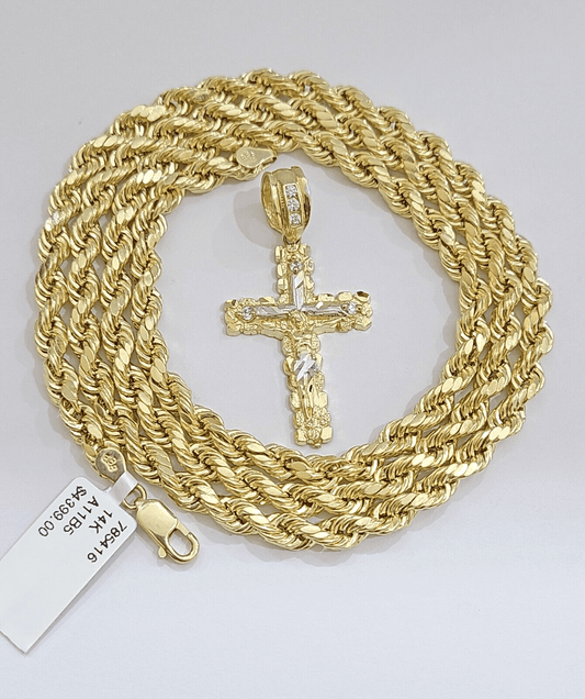 Real 14k Yellow Gold Rope Chain 26'' Necklace Jesus Crucifix Cross Charm Pendant - GoldenlinQ