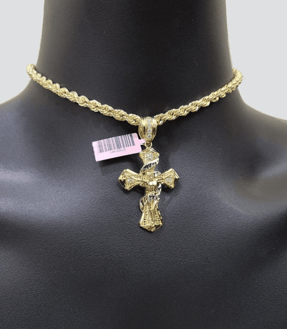 Real 14k Yellow Gold Rope Chain 5mm 18'' Necklace Jesus Cross Charm Pendant 14kt - Reva Jeweler