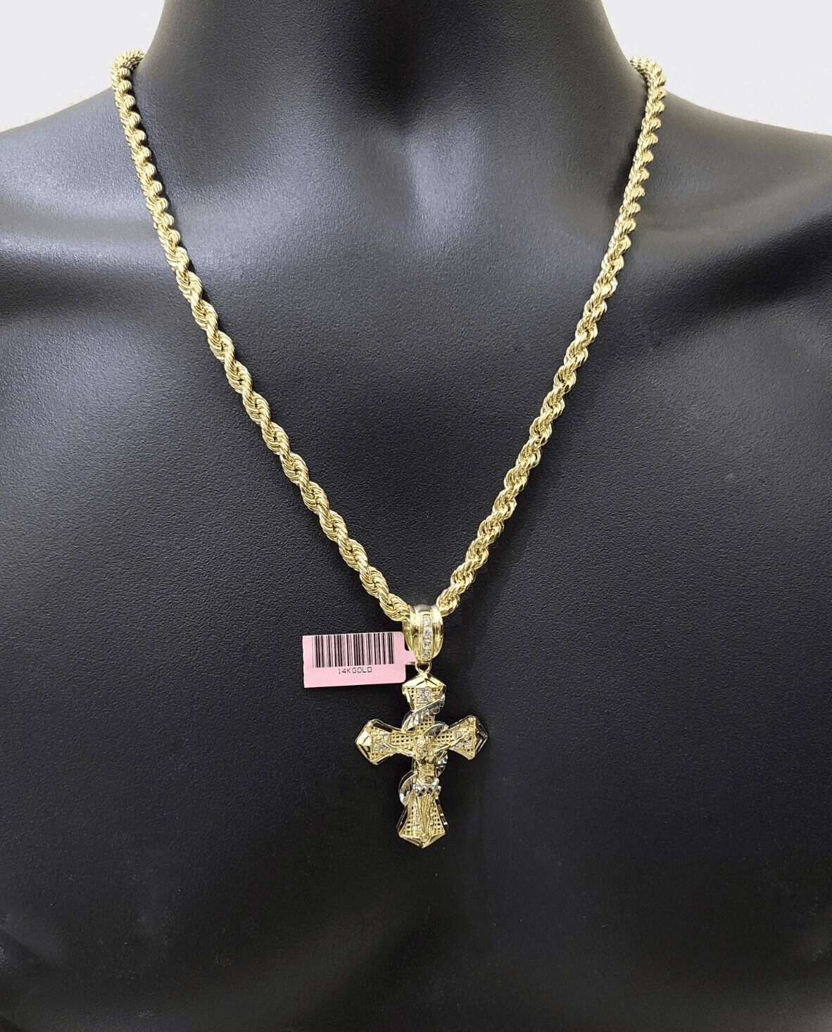 Real 14k Yellow Gold Rope Chain 5mm 18'' Necklace Jesus Cross Charm Pendant 14kt - Reva Jeweler
