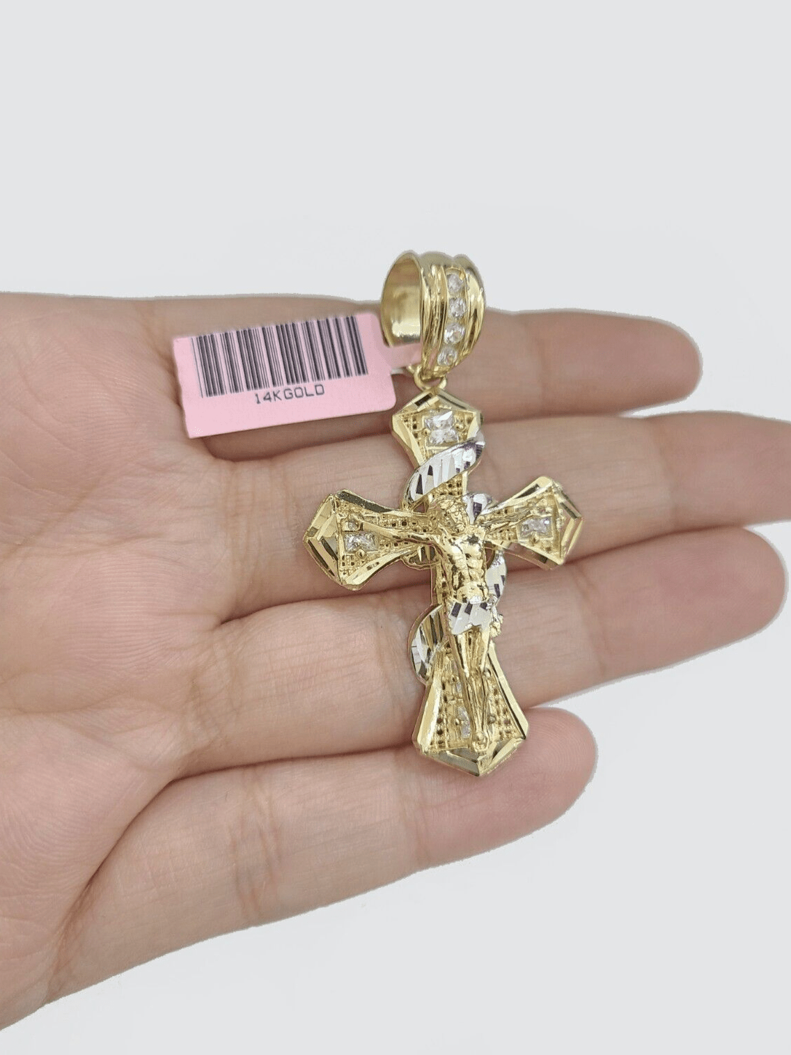 Real 14k Yellow Gold Rope Chain 5mm 18'' Necklace Jesus Cross Charm Pendant 14kt - Reva Jeweler