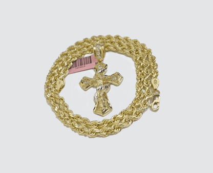 Real 14k Yellow Gold Rope Chain 5mm 20'' Necklace Jesus Cross Charm Pendant 14kt - Reva Jeweler