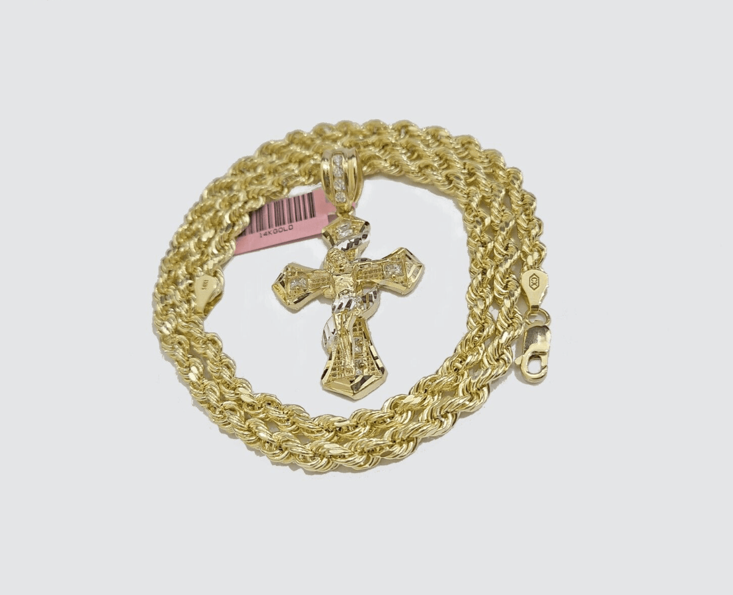 Real 14k Yellow Gold Rope Chain 5mm 22'' Necklace Jesus Cross Charm Pendant 14kt - Reva Jeweler