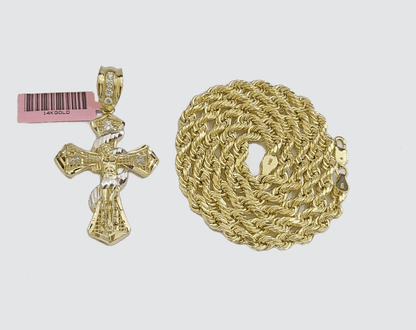 Real 14k Yellow Gold Rope Chain 5mm 22'' Necklace Jesus Cross Charm Pendant 14kt - Reva Jeweler