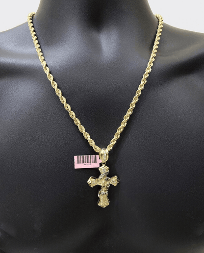 Real 14k Yellow Gold Rope Chain 5mm 24'' Necklace Jesus Cross Charm Pendant 14kt - Reva Jeweler