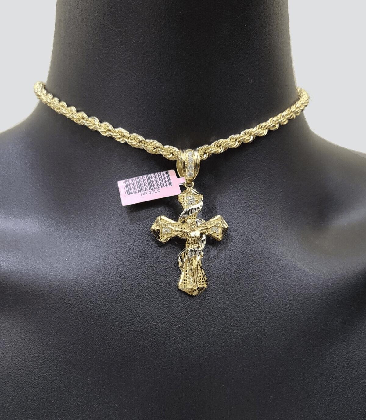 Real 14k Yellow Gold Rope Chain 5mm 24'' Necklace Jesus Cross Charm Pendant 14kt - Reva Jeweler