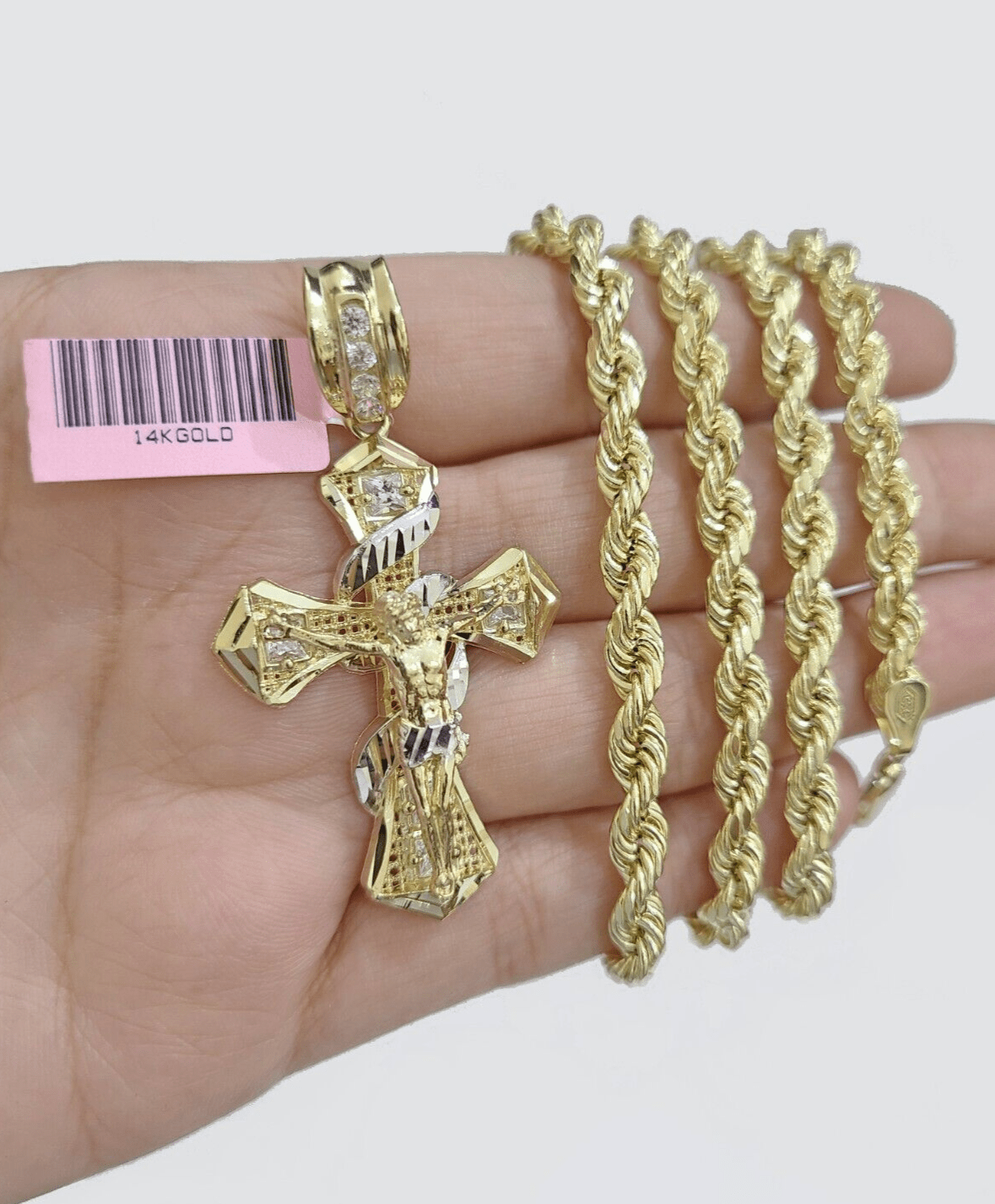 Real 14k Yellow Gold Rope Chain 5mm 26'' Necklace Jesus Cross Charm Pendant 14kt - Reva Jeweler