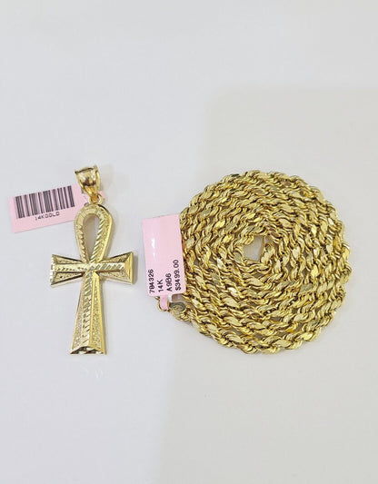 Real 14k Yellow Gold Rope Chain Ankh Cross Charm Set Link 5mm 22Inch Necklace