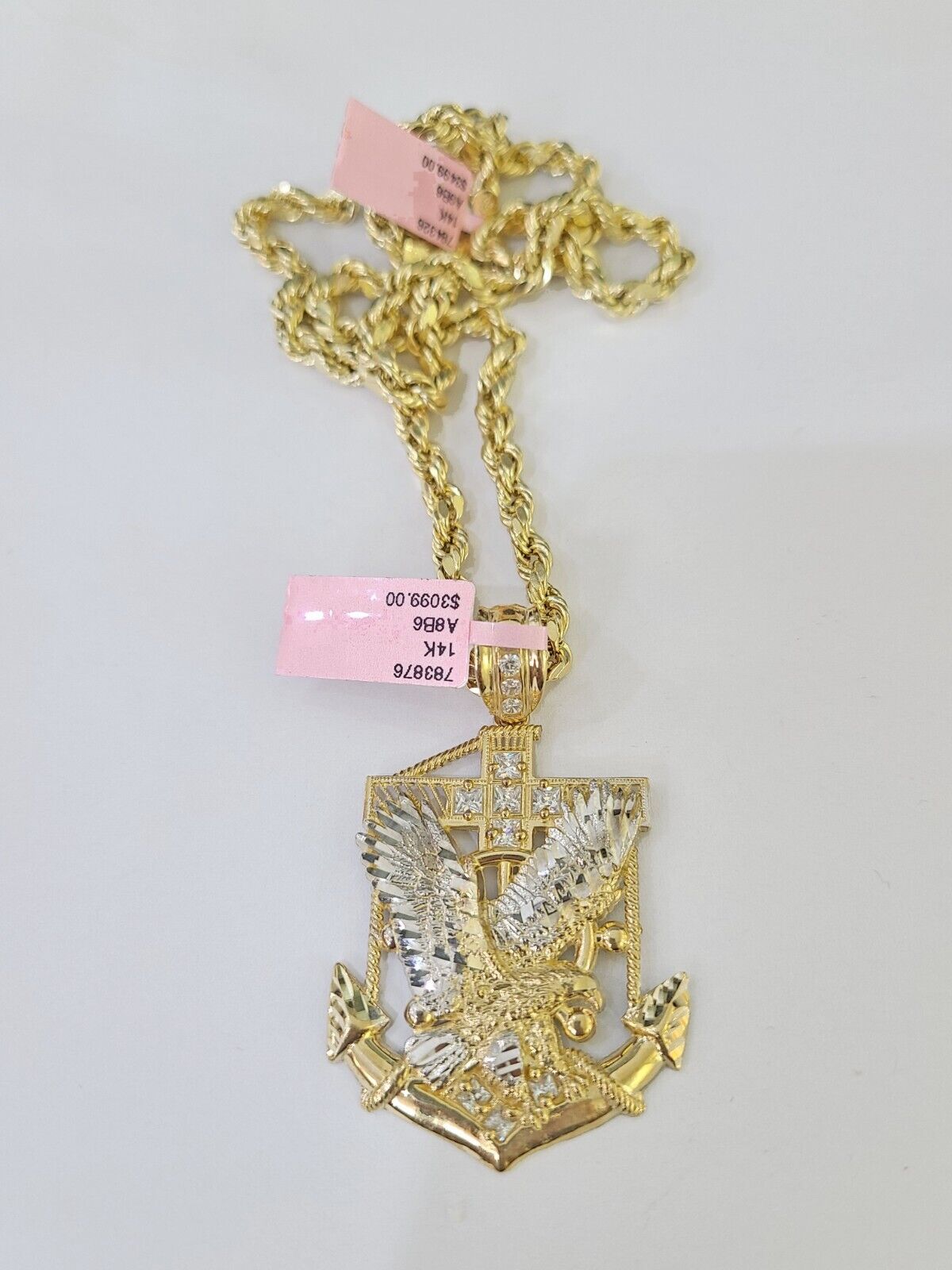 Real 14k Yellow Gold Rope Chain Eagle Anchor Charm Set Link 7mm 18"-26" Necklace