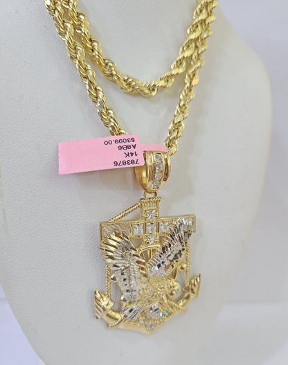 Real 14k Yellow Gold Rope Chain Eagle Anchor Charm Set Link 7mm 18"-26" Necklace