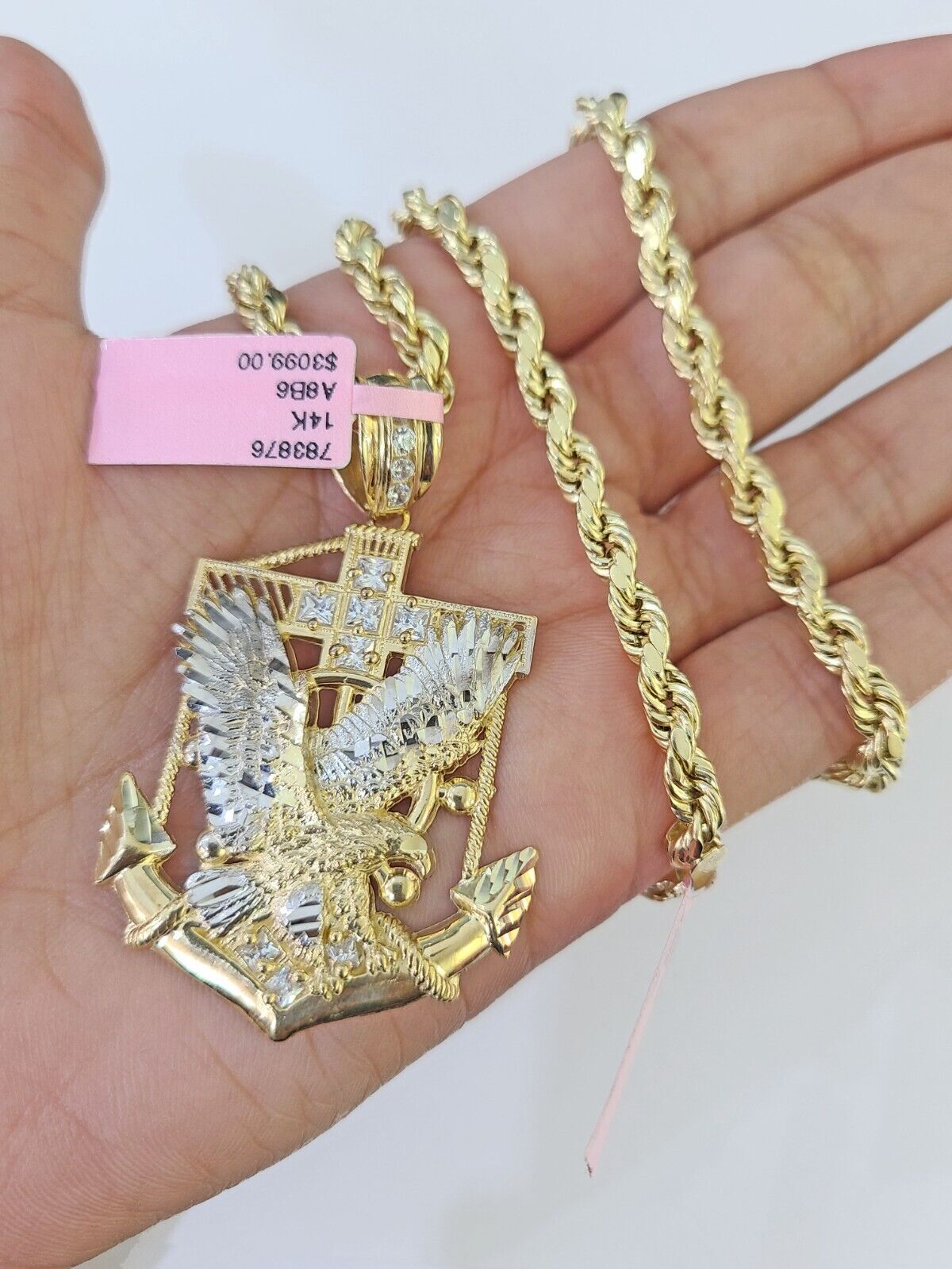 Real 14k Yellow Gold Rope Chain Eagle Anchor Charm Set Link 7mm 18"-26" Necklace
